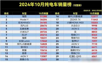 太惨了，10月纯电车销量榜，ModelY丢冠，小米SU7第6，海豹第63名  -图9