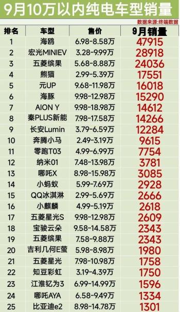 纯电车闭眼买，9月10万以内纯电车型榜，  -图3