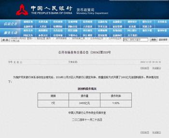 11月25日央行开展2493亿元7天期逆回购操作  